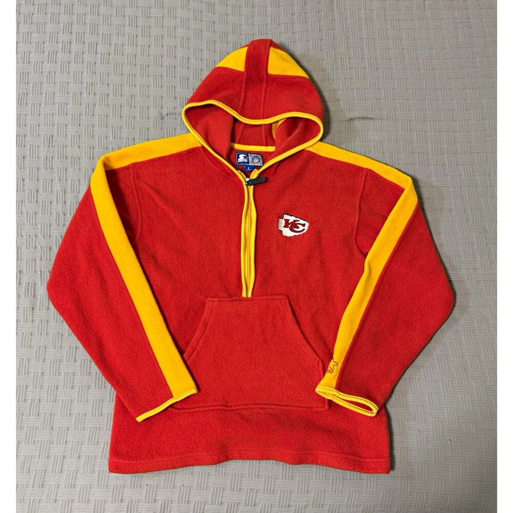 VTG Starter Kansas City Chiefs Fleece Hoodie 1/4 Zip Pullover Red Yellow Men L